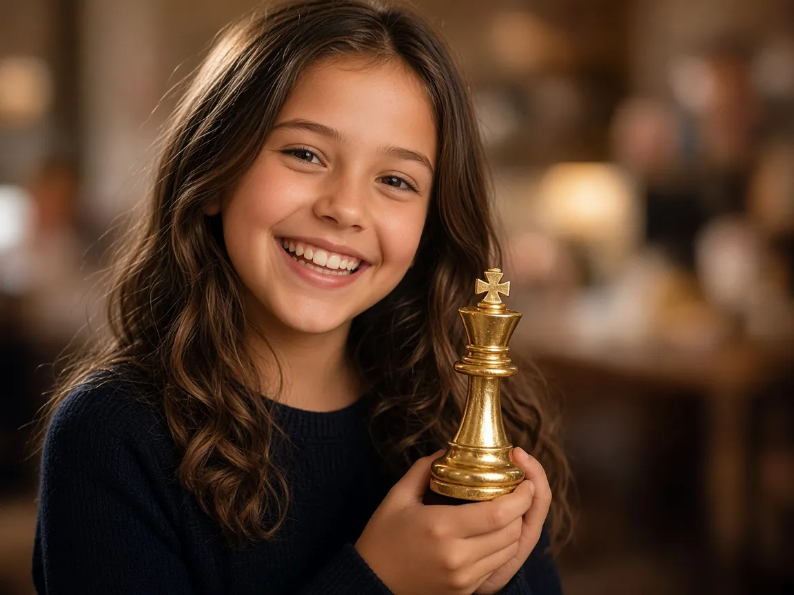 Illustrative photograph of a child holding a chess trophy. Not a documented academy event.
