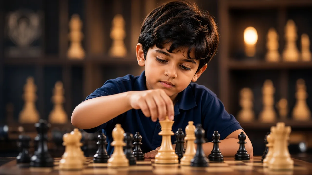 Illustrative photograph of a child studying chess. Not a documented academy student.