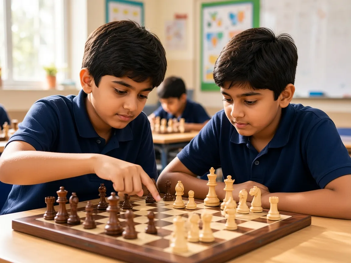 Illustrative photograph of a classroom chess lesson. Not a documented academy class.