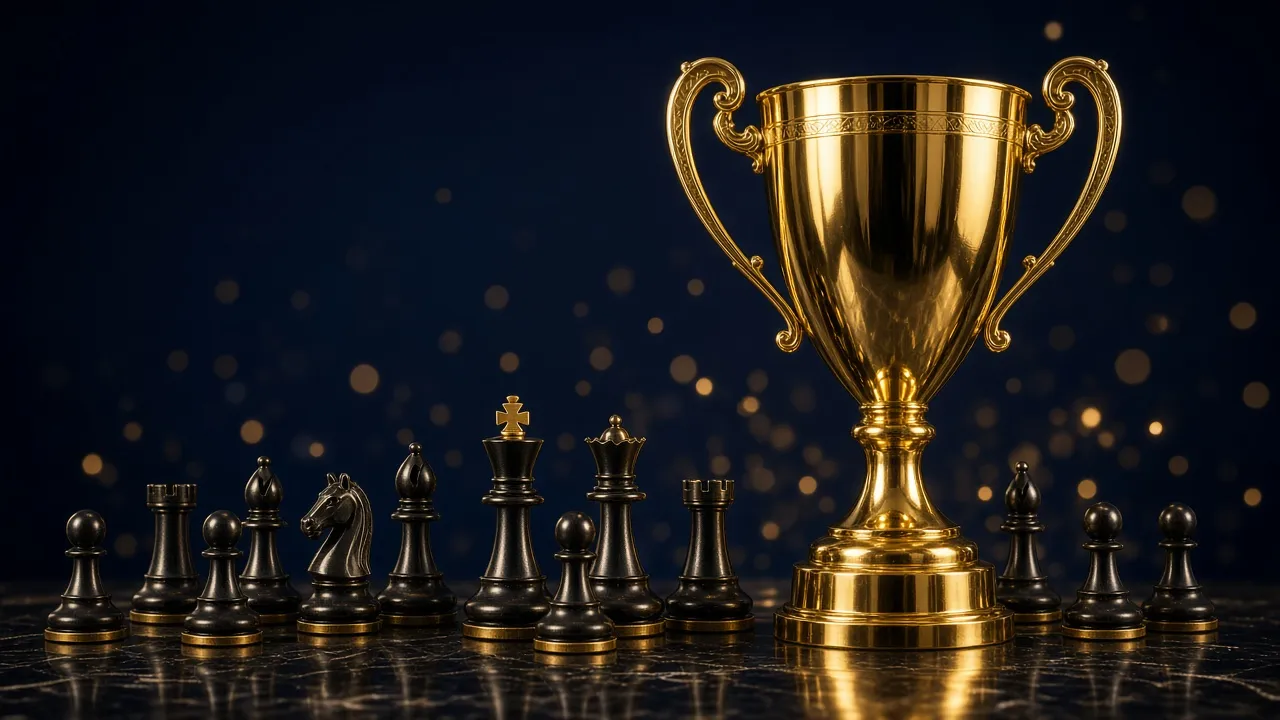 Illustrative photograph of a trophy and chess pieces. Not a documented academy tournament.